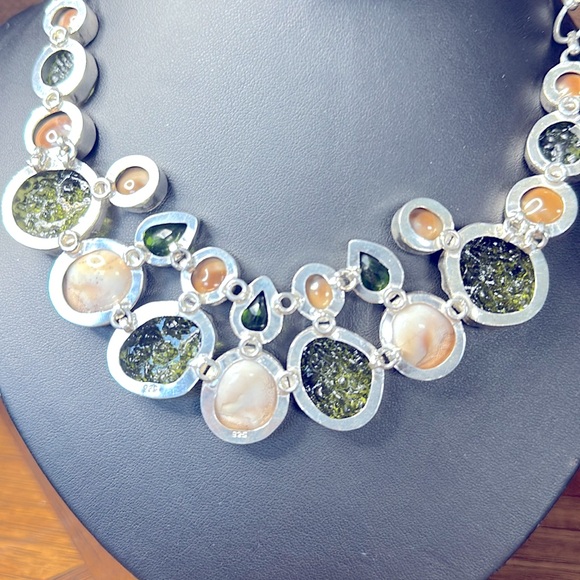 Moldavite, Peridot And Fossil Shell Sterling Silver Statement Necklace - Picture 4 of 6